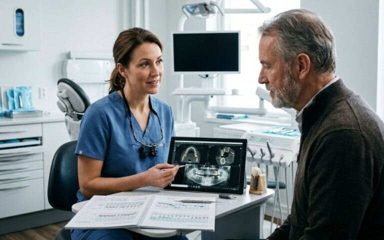 Dentist explaining dental implant treatment for gum disease patient